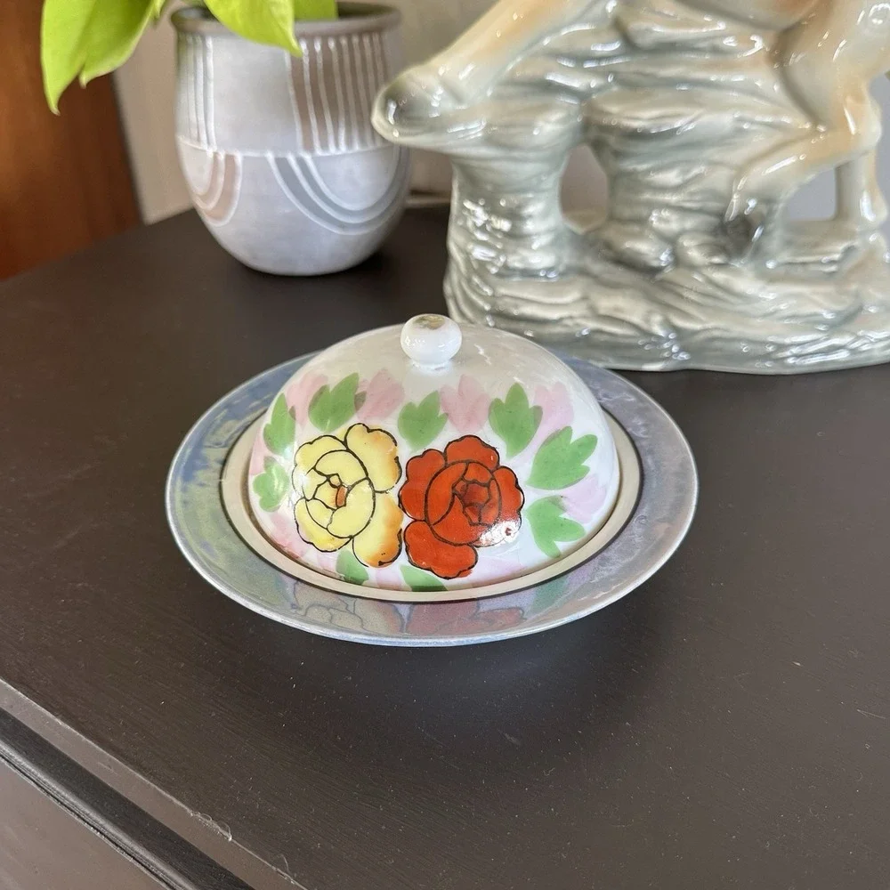 VTG Hand Painted Porcelain Floral Butter Cheese Dish Opalescent Japan 7